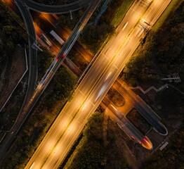 Aerial shot of an intersection between two highways.