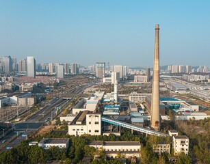 Aerial view of an old power plant in Wuhan, China surrounded with buildings