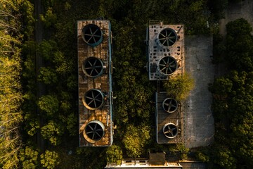 Aerial view of an old power plant in Wuhan, China surrounded with buildings