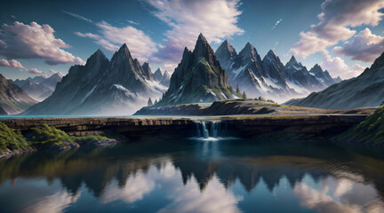 Fototapeta na wymiar Lake with snowy alps in the background, wallpaper, background, Generative Ai.