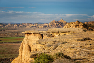 Majestic view of rough mountainous cliffs located in bad land terrain in Bardenas Reales in Navarra...