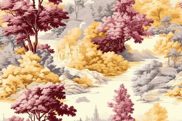 Multicolor Toile Pattern - Fabric Pattern - Classic Pattern - Clothing Pattern - Seamless Pattern - Generative AI