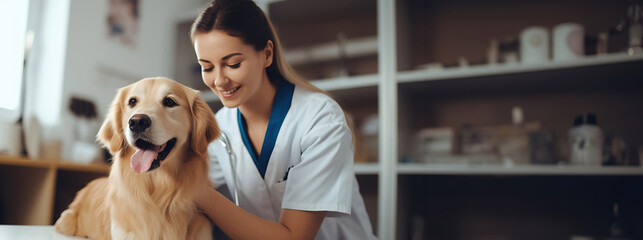 Beautiful woman veterinarian doctor with dog, copy space. Created using generative AI technology.