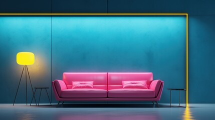 Generative AI, Modern neon minimalistic interior, blue and pink colors, sofa, table and plants