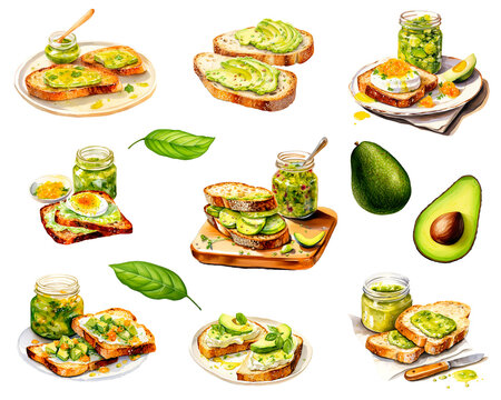 Watercolor painting of Avocado breakfast, Smashed avocado on toast, avocado fruit set isolated on white background. Cut out PNG illustration on transparent background.