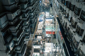 Aerial shot of the night market in Wuhan, China.