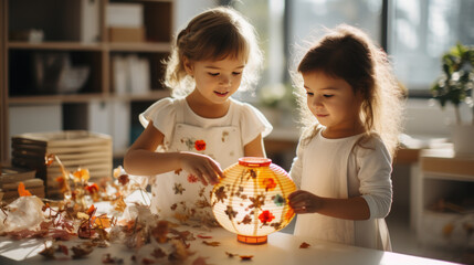 Children making chinese lanterns at home