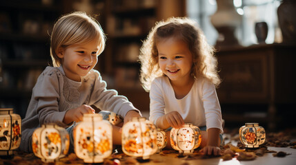Fototapeta premium Children making chinese lanterns at home