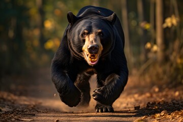 Naklejka na ściany i meble Big black bear running in the forest. Wildlife scene from nature.