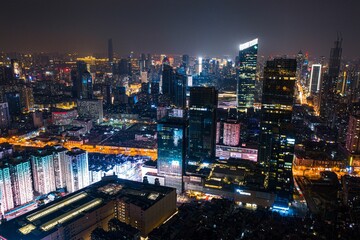 Aerial shot of the cityscape of Wuhan at nighttime, China.
