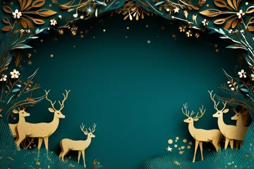 Gordijnen paper cut style Christmas themed emerald green card with golden deer, ornate © World of AI