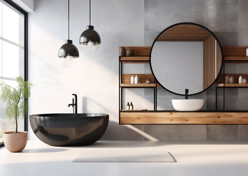 Luxurious modern dark bathroom interior, generative ai