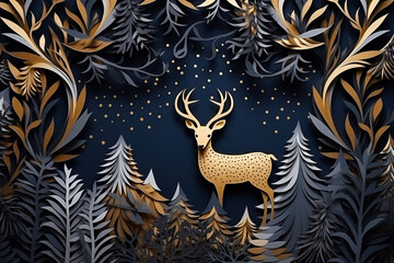 paper cut style Christmas themed dark blue card with golden deer, ornate