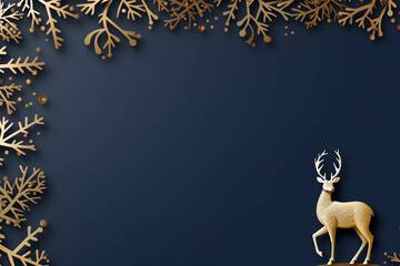 paper cut style Christmas themed dark blue card with golden deer, ornate