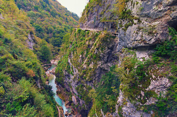 Scenic aerial landscape view of Tolmin canyon (Tolmin Gorge or Tolminska Korita) in Triglav National Park. Notable nature landmark in Slovenia. Travel and tourism concept