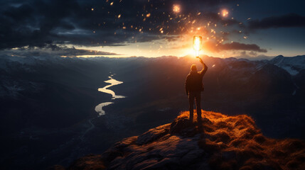 A creative shot of a person's silhouette standing atop a mountain peak, holding a glowing lantern to welcome the New Year 