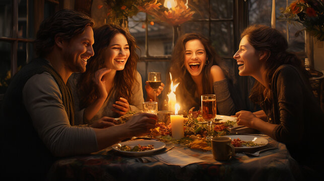 A heartwarming image of friends and family gathered around a table, sharing laughter, food, and drinks as they welcome the New Year together 
