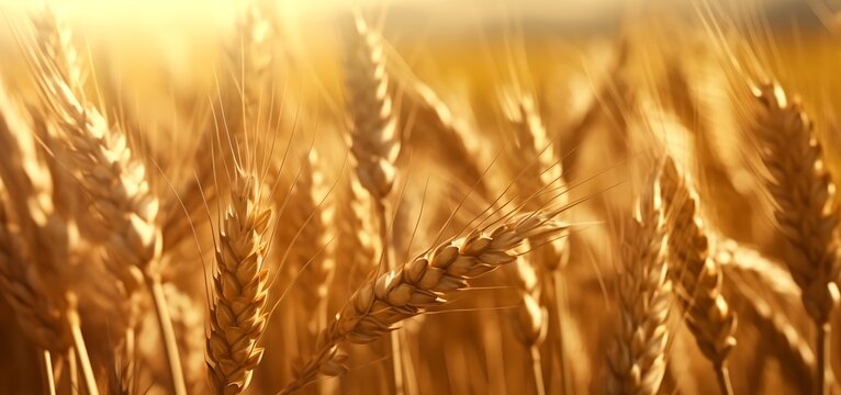 Wheat field, ripe golden wheat ears, generative ai