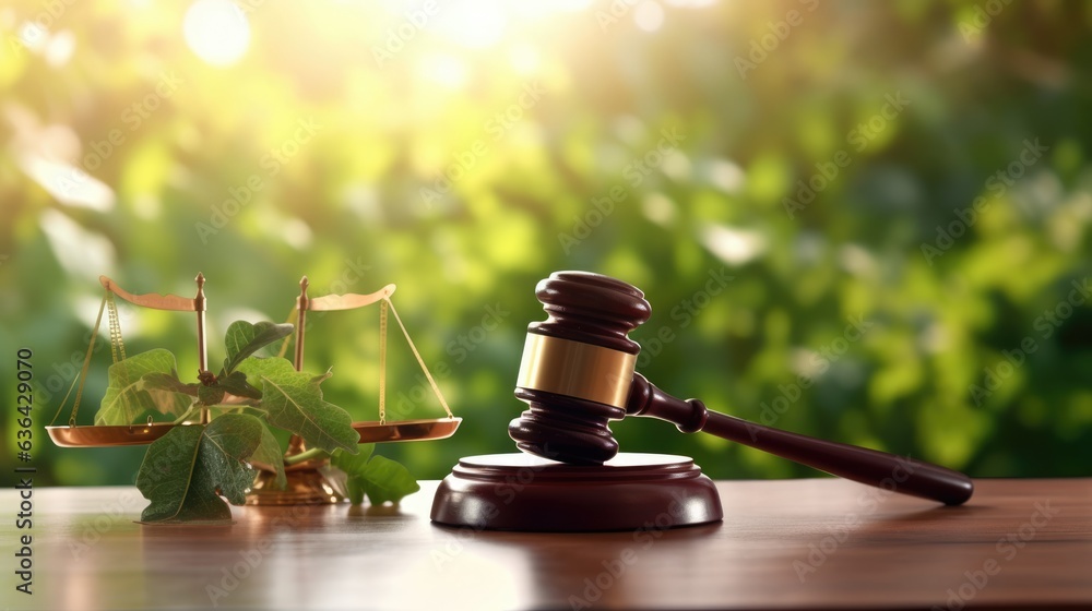 Poster a gavel on a table top with green environment in blur background. beautiful generative ai aig32