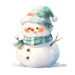 An isolated of cute snowman wearing green scarf and hat. Smiling snowman. Christmas snowman