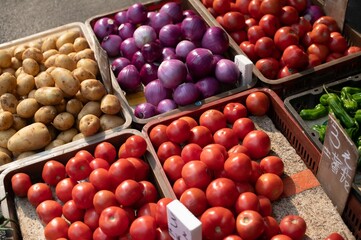 a variety of produce at an outdoor market with boxes of tomatoes and potatoes