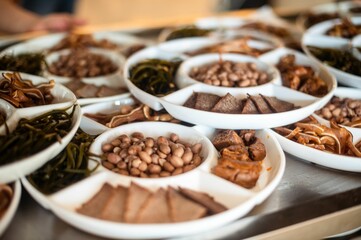 Tabletop display with various plates of food