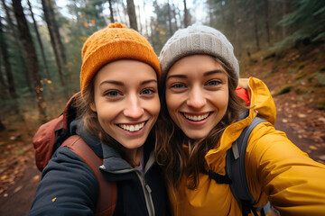 two women hiking and making a selfie, ai generated