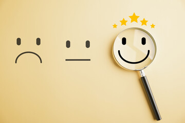 Magnifying glass uncovers smiley face icon, amidst sadness. Customer satisfaction and evaluation...