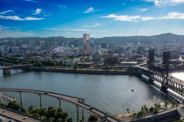Fototapeta na wymiar Aerial view of Portland East Side of the Willamette River Downtown on a sunny day