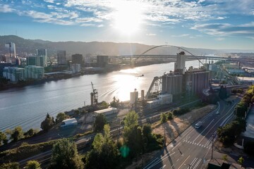 Fototapeta premium Aerial view of Portland East Side of the Willamette River Downtown on a sunny day