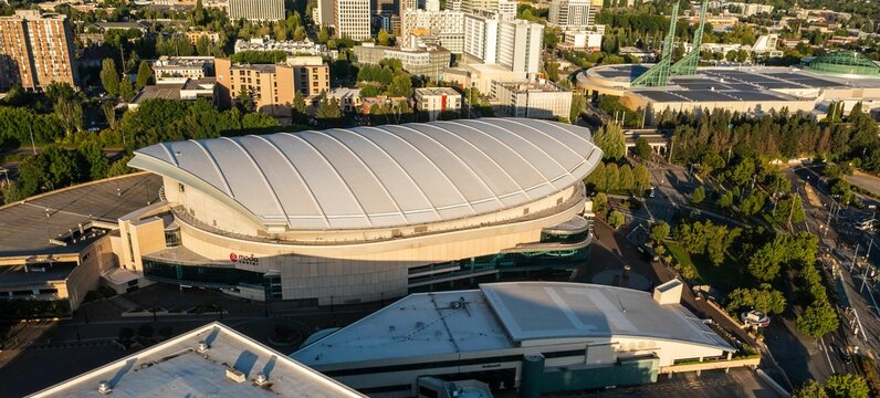 Aerial view of Portland East Side of the Willamette River Downtown on a sunny day