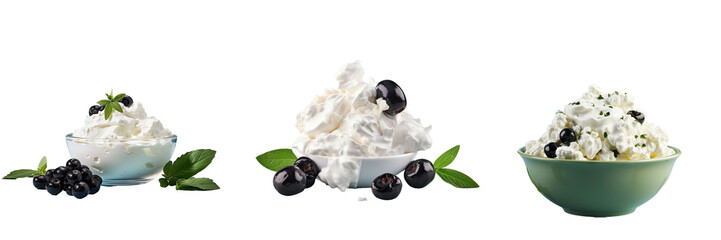 Front view of a cottage cheese and olives mix with white and black colors