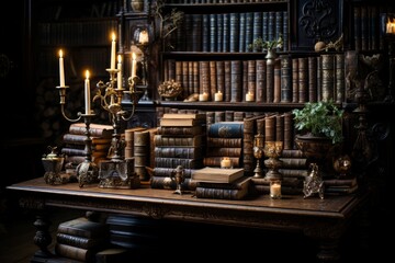 Fototapeta na wymiar bookcase with antique books in an old abandoned mansion