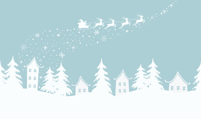 Christmas background. Winter village. Seamless border. Fairy tale winter landscape. Santa Claus is riding across the sky on deer with plume. White houses, fir trees on light blue background. Vector - obrazy, fototapety, plakaty