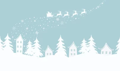 Foto op Plexiglas Christmas background. Winter village. Seamless border. Fairy tale winter landscape. Santa Claus is riding across the sky on deer with plume. White houses, fir trees on light blue background. Vector © irynaalex