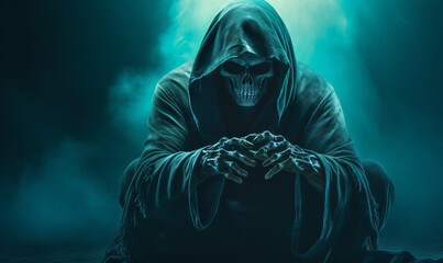 Silhouette of Grim Reaper over dark gray background with copy space. Generative AI.