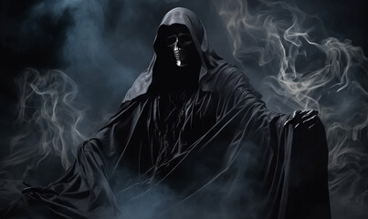 Fototapeta na wymiar Silhouette of Grim Reaper over dark gray background with copy space. Generative AI.