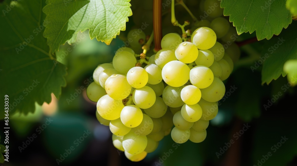 Poster close up of grapes hanging on branch. grapes farm. tasty green grape bunches hanging on branch. crea