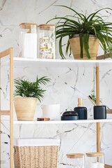 Vertical shot of a beautiful modern bathroom rack with minimalist wooden containers and decor items