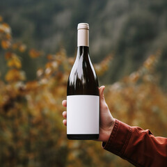 Wine bottle label mockup, man holding wine bottle with blank white label in his hand, standing outdoors