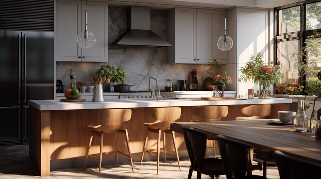 Modern, bright, clean, kitchen interior in a luxury house - Generative AI technology
