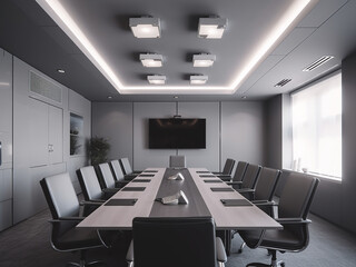 Fototapeta na wymiar Stylish grey conference room, balanced style. AI Generated.