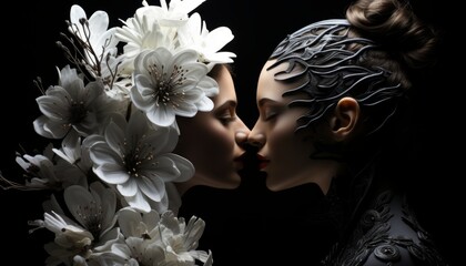 Glamorous girls with black and white skin in a jewelry mask made of flowers, beautiful women posing in theatrical art. Made in AI