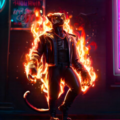 Fototapeta na wymiar A flaming panther in a leather jacket stands in the street in front of a neon sign 'black panther'