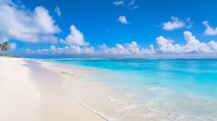 Beautiful sandy beach with white sand and rolling calm wave of turquoise ocean on Sunny day on background white clouds in blue sky. Island in Maldives, colorful perfect panoramic natural landscape. 