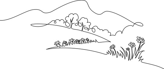 Landscape with flowers trees and mountains. Single one line drawing - 636434284