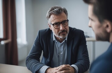 Depressed man seeking help from experienced psychologist during therapy session for depression in clinic