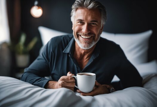 Middle Aged Man Awakening With A Cup Of Fragrant Coffee In Bed