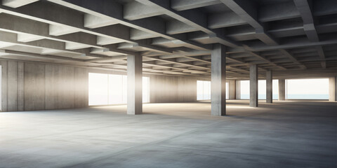 3d style of modern concrete architecture. Empty cement floor car park