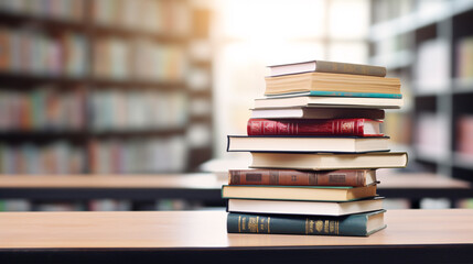 A stack of books on a table. University library in the background. Stack of books close up view.
